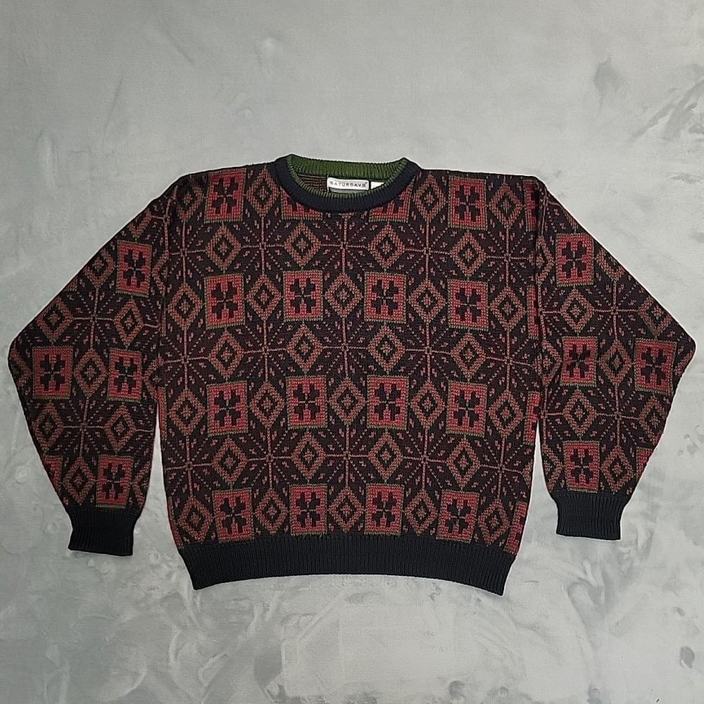 Saturdays Sweater Mens Large Multicolor‎ Geometric Knit Crewneck Vintage 90s